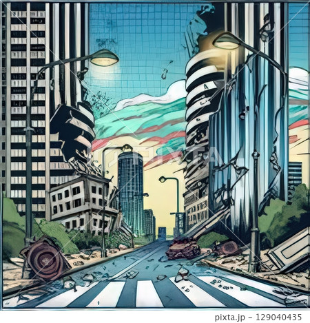 an AI Image Generator, Illustration of a City Street in Ruins After a Natural Disaster 129040435