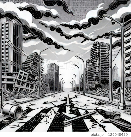an AI Image Generator, Urban Street Ruins Showcasing Destruction and Abandoned Cityscape 129040439