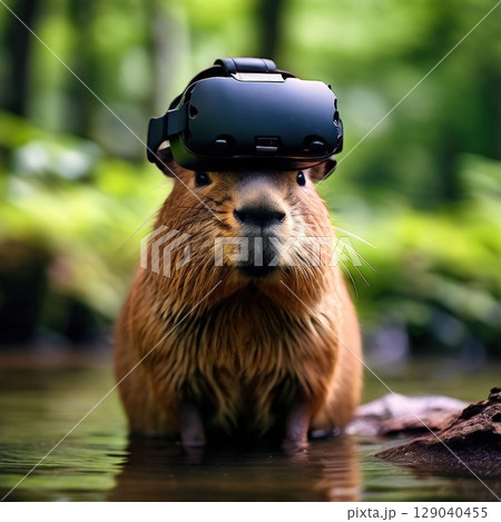an AI Image Generator, Capybara Wearing Virtual Reality Headset by a Serene Pond 129040455