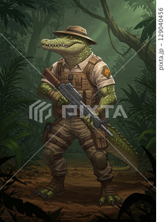 an AI Image Generator, Anthropomorphic Crocodile Adventurer in Military Gea 129040456