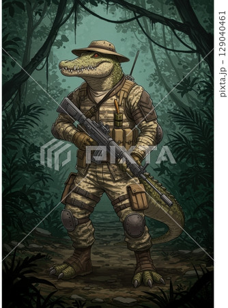 an AI Image Generator, Anthropomorphic Crocodile Adventurer in Military Gea 129040461