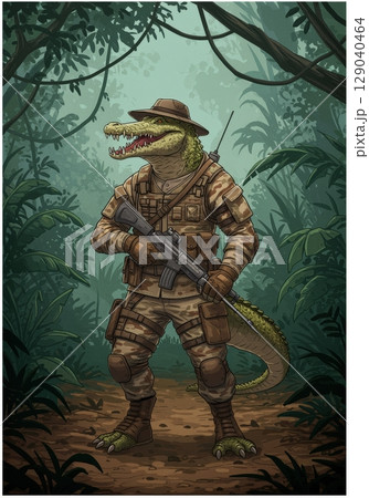 an AI Image Generator, Anthropomorphic Crocodile Adventurer in Military Gea 129040464