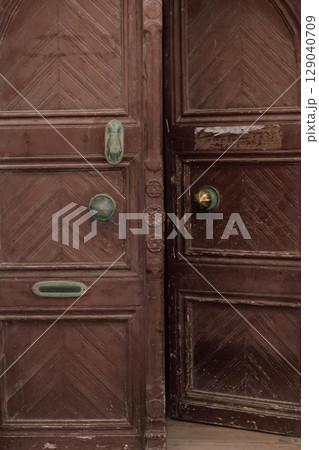 Vintage brown entrance door with old elements and Star of David 129040709
