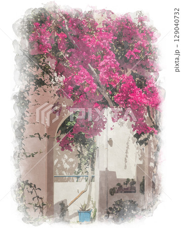 Watercolor illustration of Santorini landscape, bright bougainvillea flowers in cozy Cycladic style Watercolor illustration of Santorini landscape, bright bougainvillea flowers in cozy Cycladic style 129040732