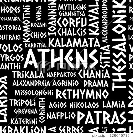 Greek Cities Seamless Pattern with Ancient Style Font, famous towns, patriotic design of souvenir Greek Cities Seamless Pattern with Ancient Style Font, famous towns, patriotic design of souvenir 129040753
