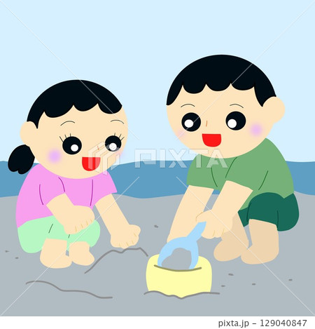 砂浜で砂遊びをする兄妹 129040847