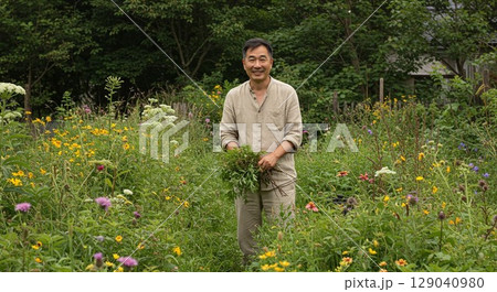 雑草も主役の癒しガーデニング　生成AI画像 129040980
