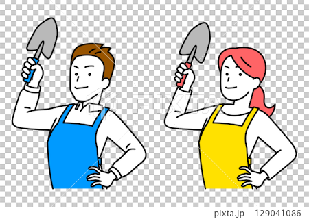 シャベルを構えるエプロン姿の男女　セット 129041086