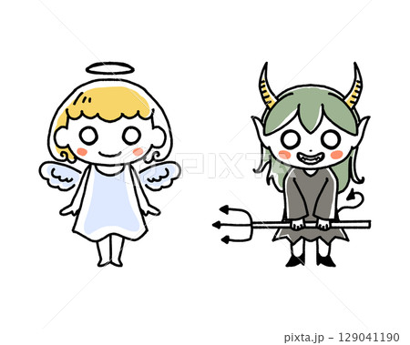 ハロウィンのキャラクター、天使と悪魔の手描きイラスト 129041190