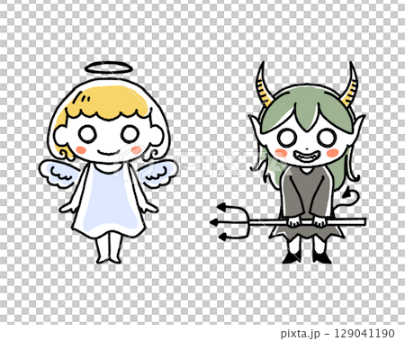 ハロウィンのキャラクター、天使と悪魔の手描きイラスト 129041190