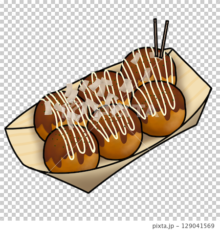Illustration of six takoyaki balls with sauce 129041569