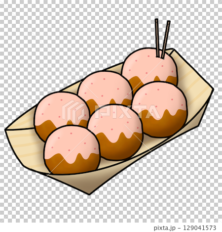 Illustration of six takoyaki balls with mentaiko and mayonnaise 129041573