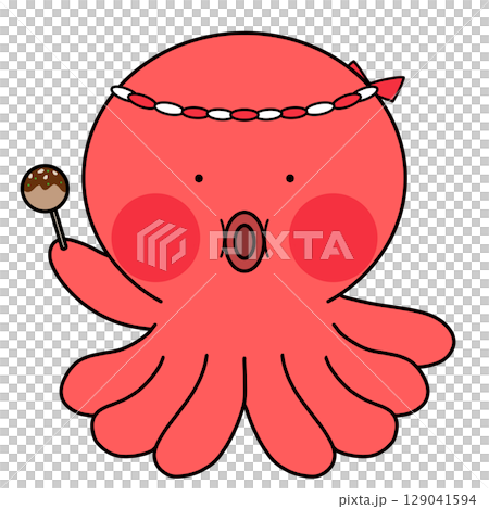 Illustration of an octopus at a takoyaki shop holding takoyaki Illustration of an octopus at a takoyaki shop holding takoyaki 129041594