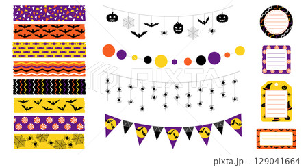 Set of halloween galrands, labels, stickers and washi tapes. Celebration coloured elements Set of halloween galrands, labels, stickers and washi tapes. Celebration coloured elements 129041664