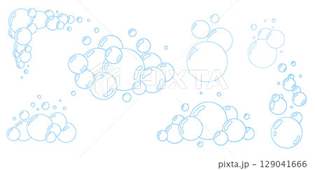 Minimalist bubble doodle vector set. Outline water and soap bubbles with sparkles. Great for bathroom accessories design, cleaning products, or childrens hygiene packaging. Minimalist bubble doodle vector set. Outline water and soap bubbles with sparkles. Great for bathroom accessories design, cleaning products, or childrens hygiene packaging. 129041666