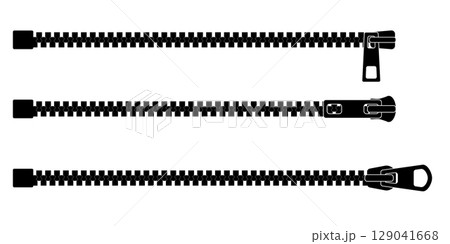 Zip lock fastener with half open slider. Vector sketch of clothing clasp for backpack or sport wear. Detailed line drawing in CAD style for fashion design or textile accessory element. 129041668