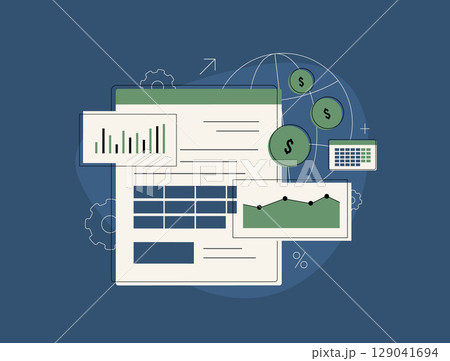 Financial data analysis with global currency management, spreadsheet report, business growth metrics. Financial data analysis profit optimization and business accounting dashboard vector illustration Financial data analysis with global currency management, spreadsheet report, business growth metrics. Financial data analysis profit optimization and business accounting dashboard vector illustration 129041694