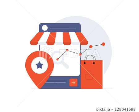 Local e-commerce analytics with store location targeting and customer engagement metrics. Retail seo business sales optimization, local e-commerce analytics drives small business growth illustration Local e-commerce analytics with store location targeting and customer engagement metrics. Retail seo business sales optimization, local e-commerce analytics drives small business growth illustration 129041698