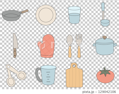 Cute hand-drawn icon set of kitchen utensils and ingredients 129042106