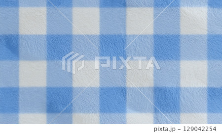 ブルーとホワイトのギンガムチェック柄モコモコファブリックテクスチャ しわなし 129042254