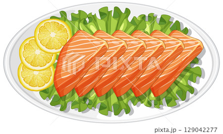 Fresh Salmon Sashimi on Lettuce with Lemon Slices 129042277