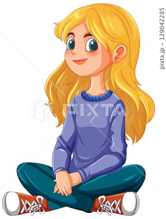 Cheerful Girl Sitting Cross-Legged 129042285