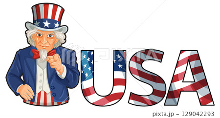 Patriotic Uncle Sam with USA Flag Letters Patriotic Uncle Sam with USA Flag Letters 129042293