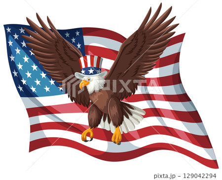 Eagle Soaring Over American Flag Illustration Eagle Soaring Over American Flag Illustration 129042294