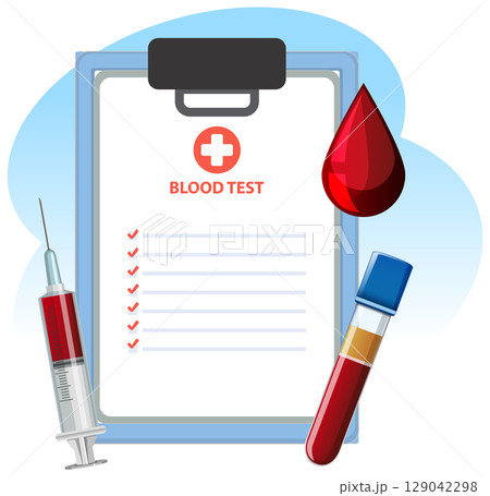 Blood Test Checklist with Syringe and Sample Tube 129042298