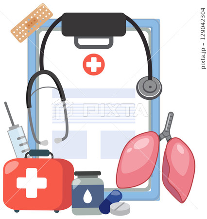Healthcare Essentials and Medical Tools Illustration Healthcare Essentials and Medical Tools Illustration 129042304