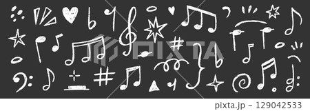 Music note hand drawn set. Cute music icon, melody sign, and sound symbol in kid crayon chalk sketch style. Cartoon texture, playful art decoration on chalkboard background. Vector Music note hand drawn set. Cute music icon, melody sign, and sound symbol in kid crayon chalk sketch style. Cartoon texture, playful art decoration on chalkboard background. Vector 129042533
