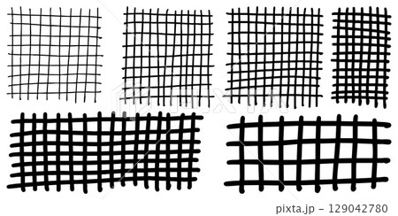 collection of hand drawn grid patterns with varying thickness and distortion. This abstract crosshatch texture set is ideal for backgrounds, textiles, graphic design elements, or artistic overlays. collection of hand drawn grid patterns with varying thickness and distortion. This abstract crosshatch texture set is ideal for backgrounds, textiles, graphic design elements, or artistic overlays. 129042780