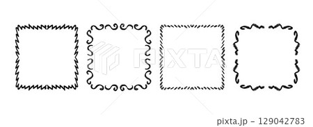 Square hand drawn wavy frame set. Black curly ribbon border collection. Vector doodled lace cadre frames. Curved squiggly border pack for invitation, wedding party, birthday, greeting card design 129042783