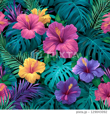 Vibrant Tropical Floral Pattern with Hibiscus and Monstera Leaves Vibrant Tropical Floral Pattern with Hibiscus and Monstera Leaves 129043092