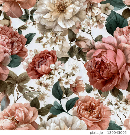 A vintage-inspired seamless pattern featuring soft pastel roses, peonies A vintage-inspired seamless pattern featuring soft pastel roses, peonies 129043093