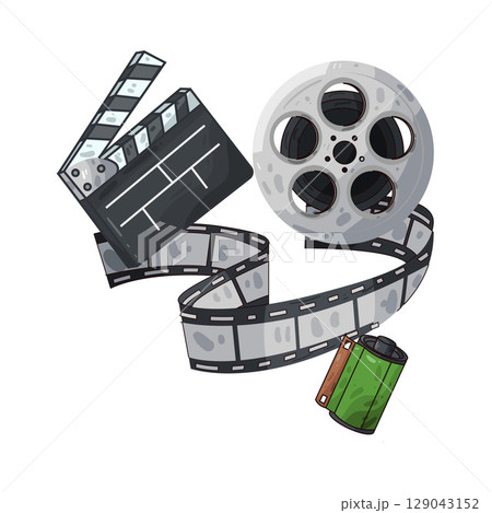 illustration of film roll and clapperboard illustration of film roll and clapperboard 129043152