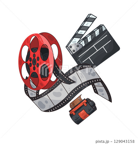 illustration of film roll and clapperboard illustration of film roll and clapperboard 129043158