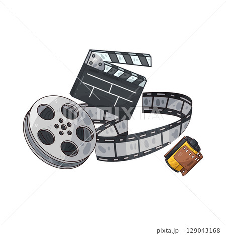 illustration of film roll and clapperboard illustration of film roll and clapperboard 129043168