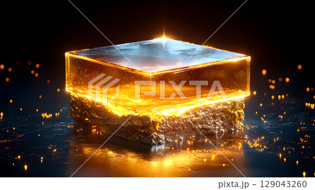 glowing, transparent cube of amber like material sits reflective surface, illuminated by soft light. cube showcases mesmerizing blend of golden hues and shimmering particles, creating captivating glowing, transparent cube of amber like material sits reflective surface, illuminated by soft light. cube showcases mesmerizing blend of golden hues and shimmering particles, creating captivating 129043260