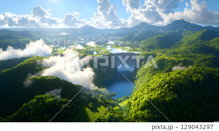 breathtaking landscape featuring lush green valley with majestic waterfall cascading into serene lake, surrounded by mountains and vibrant sky filled with clouds. scene evokes sense of tranquility 129043297
