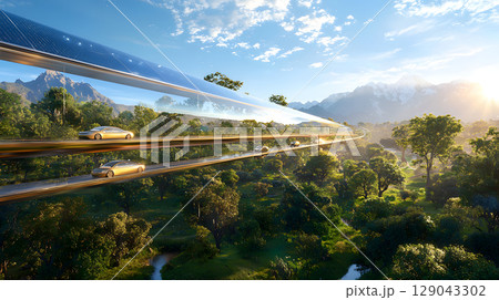 futuristic highway featuring transparent solar panels, surrounded by lush greenery and mountains, showcases advanced transportation serene landscape. scene evokes sense of innovation and harmony 129043302