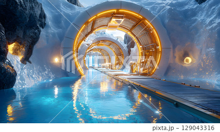 futuristic geothermal power plant located deep inside ice covered landscape, featuring glowing circular structures and serene waterway. scene evokes sense of innovation and tranquility 129043316
