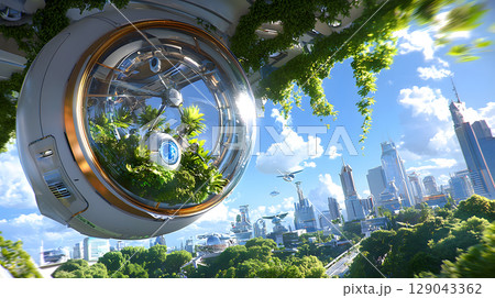 futuristic energy conference scene featuring high tech pod surrounded by greenery, showcasing advanced technology and vibrant city skyline. atmosphere is optimistic and innovative 129043362
