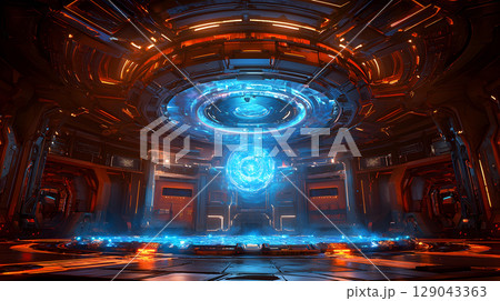 futuristic high tech facility featuring glowing blue energy sphere its center, surrounded by intricate metallic structures and illuminated by vibrant orange and blue lights. atmosphere is dynamic 129043363
