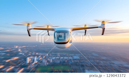 futuristic aerial vehicle flying over cityscape during sunset, showcasing advanced technology and design. drone like aircraft features multiple rotors and sleek body, symbolizing innovation 129043372