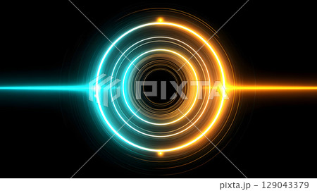 mesmerizing electronic background featuring rotating circles in vibrant blue and orange hues, creating hypnotic effect that captivates viewer attention 129043379