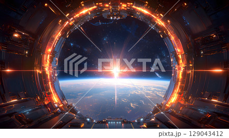 stunning view from futuristic space station, showcasing vibrant sunrise over Earth through circular portal. scene is filled with intricate metallic structures and starry backdrop, evoking sense stunning view from futuristic space station, showcasing vibrant sunrise over Earth through circular portal. scene is filled with intricate metallic structures and starry backdrop, evoking sense 129043412