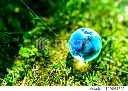 一面の草むらに綺麗な地球儀の水晶　エコロジーイメージ　青色朝 129043702