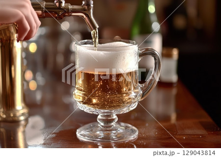 A Refreshing Glass of Beer Being Poured Into a Beautiful, Tap Glass Enjoyed by Many A Refreshing Glass of Beer Being Poured Into a Beautiful, Tap Glass Enjoyed by Many 129043814