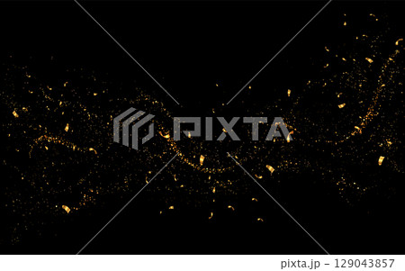 Isolated design component, golden wave of shiny tinsel on black background 129043857
